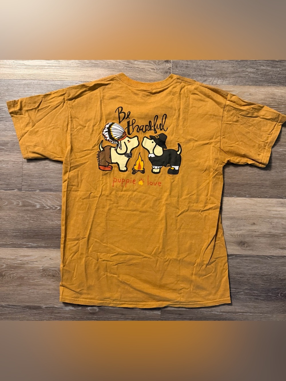 Puppie Love Be Thankful Puppies Graphic Tee - Mustard Yellow Thanksgiving L